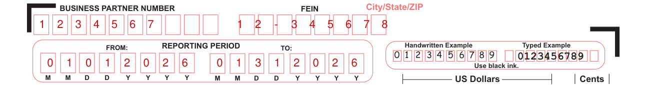 Form DR-700016 example filled out, business Partner Number, FEIN and Reporting Period