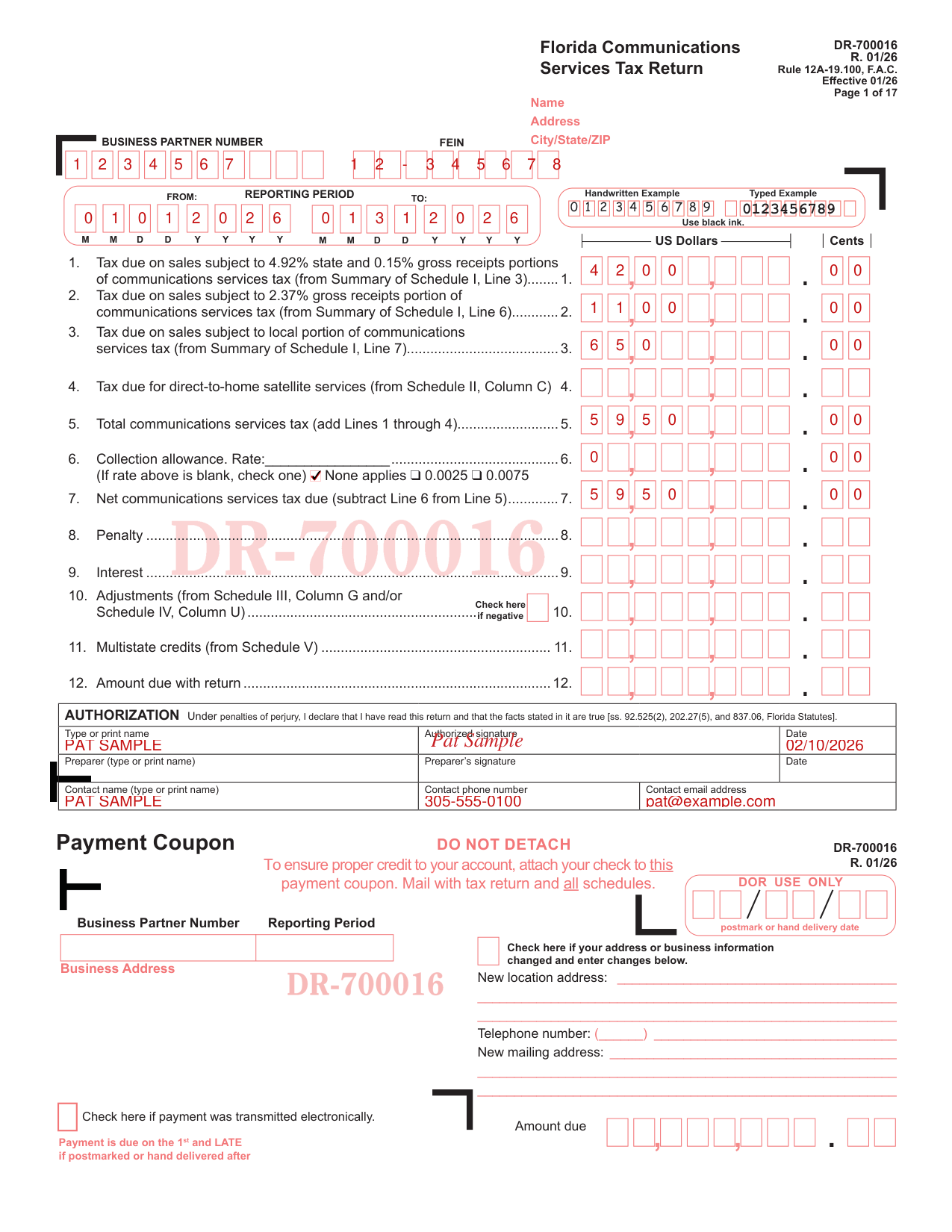 Form DR-700016 example filled out, example: Pat Sample files for January 2026