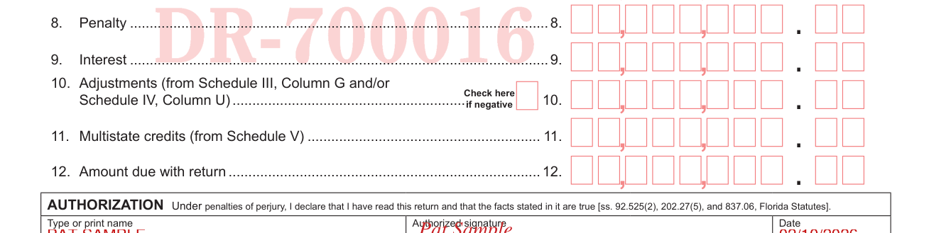 Form DR-700016 example filled out, penalty, interest, adjustments, credits and amount due