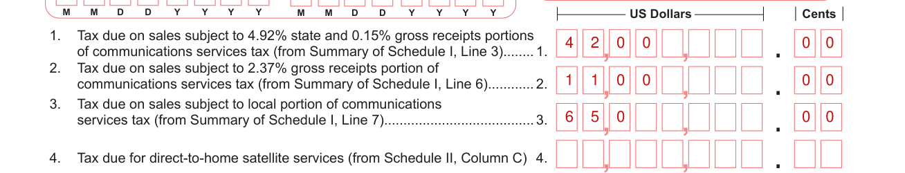 Form DR-700016 example filled out, tax due on sales, Lines 1 to 4