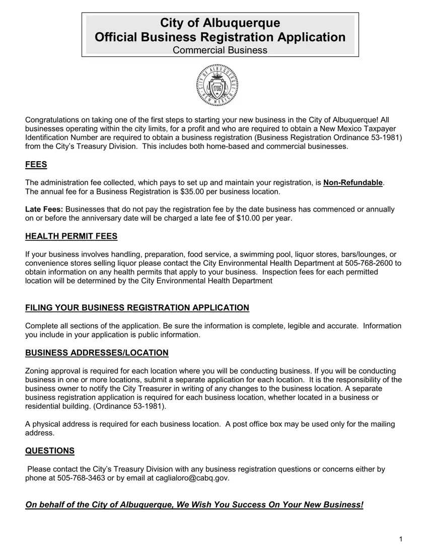 Business Registration Albuquerque first page preview