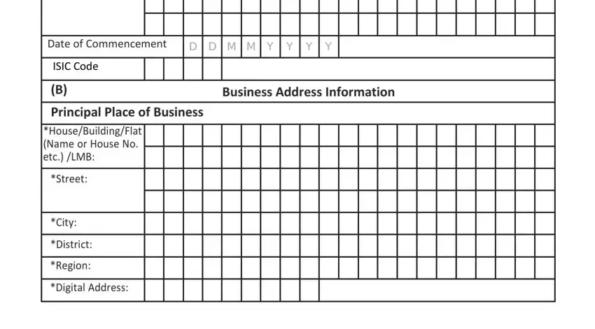 company registration certificate pdf Date of Commencement, ISIC Code, D D M M Y Y Y Y, (B) Business Address Information, *Street:, *City:, *District:, *Region:, and *Digital Address: fields to complete