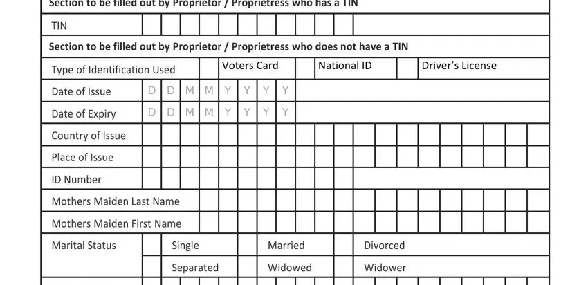 online business registration form Section to be filled out by, TIN, Section to be filled out by, Type of Identification Used, Voters Card, National ID, Drivers License, D D M M Y Y Y Y D D M M Y Y Y Y, Date of Issue, Date of Expiry, Country of Issue, Place of Issue, ID Number, Mothers Maiden Last Name, and Mothers Maiden First Name blanks to fill out