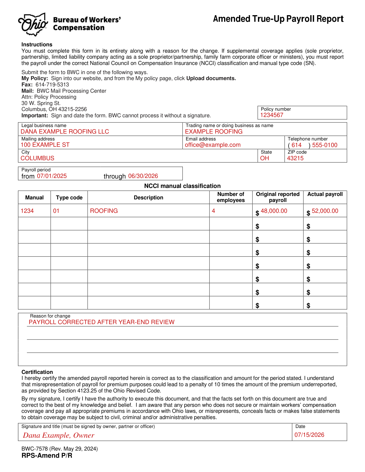 Form BWC-7578 example filled out, example: a roofing company amends its payroll