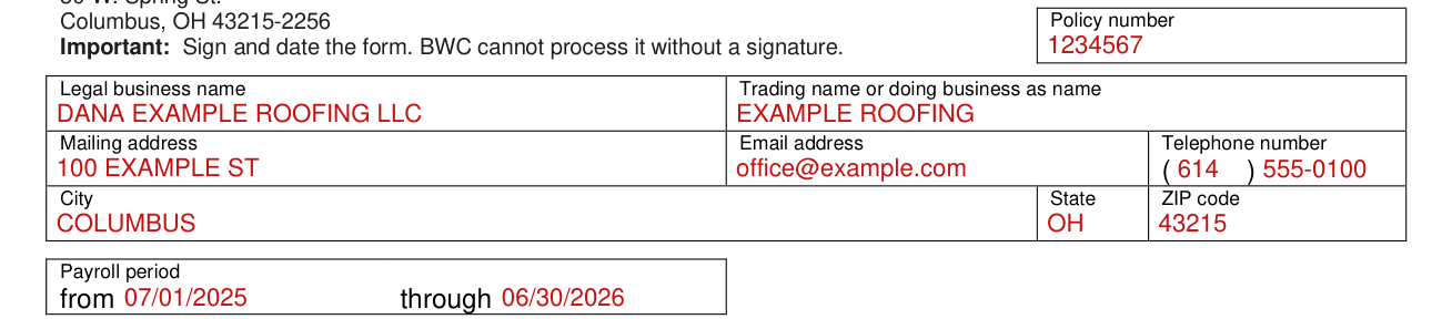 Form BWC-7578 example filled out, policy number and Legal business name