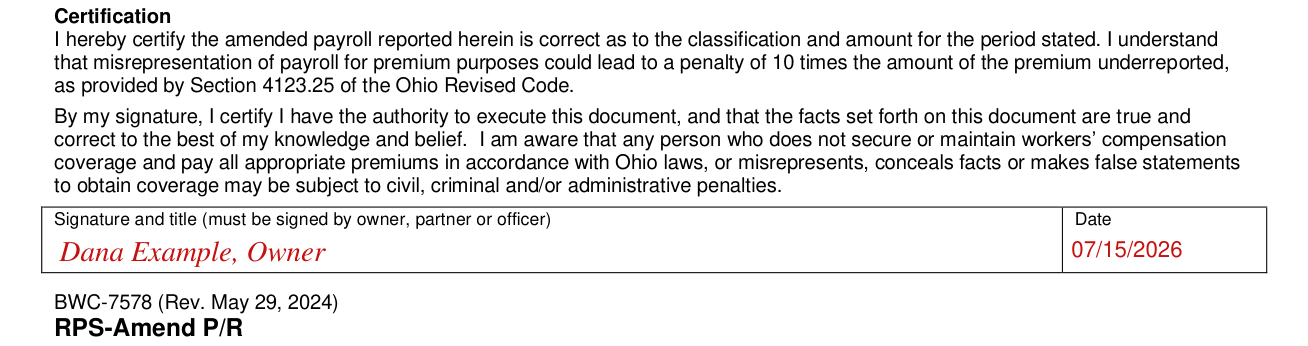 Form BWC-7578 example filled out, signature and date