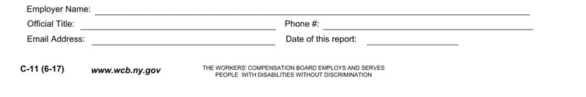 c 11 form fillable Employer Name, Official Title, Email Address, Phone, Date of this report, wwwwcbnygov, and THE WORKERS COMPENSATION BOARD blanks to complete