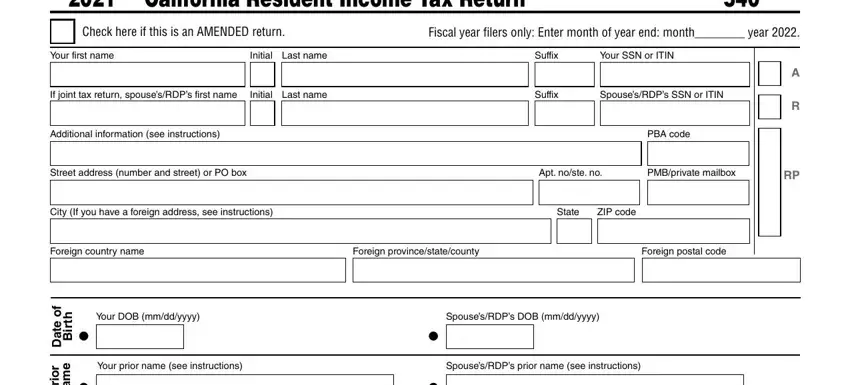 portion of empty spaces in 540 california tax form