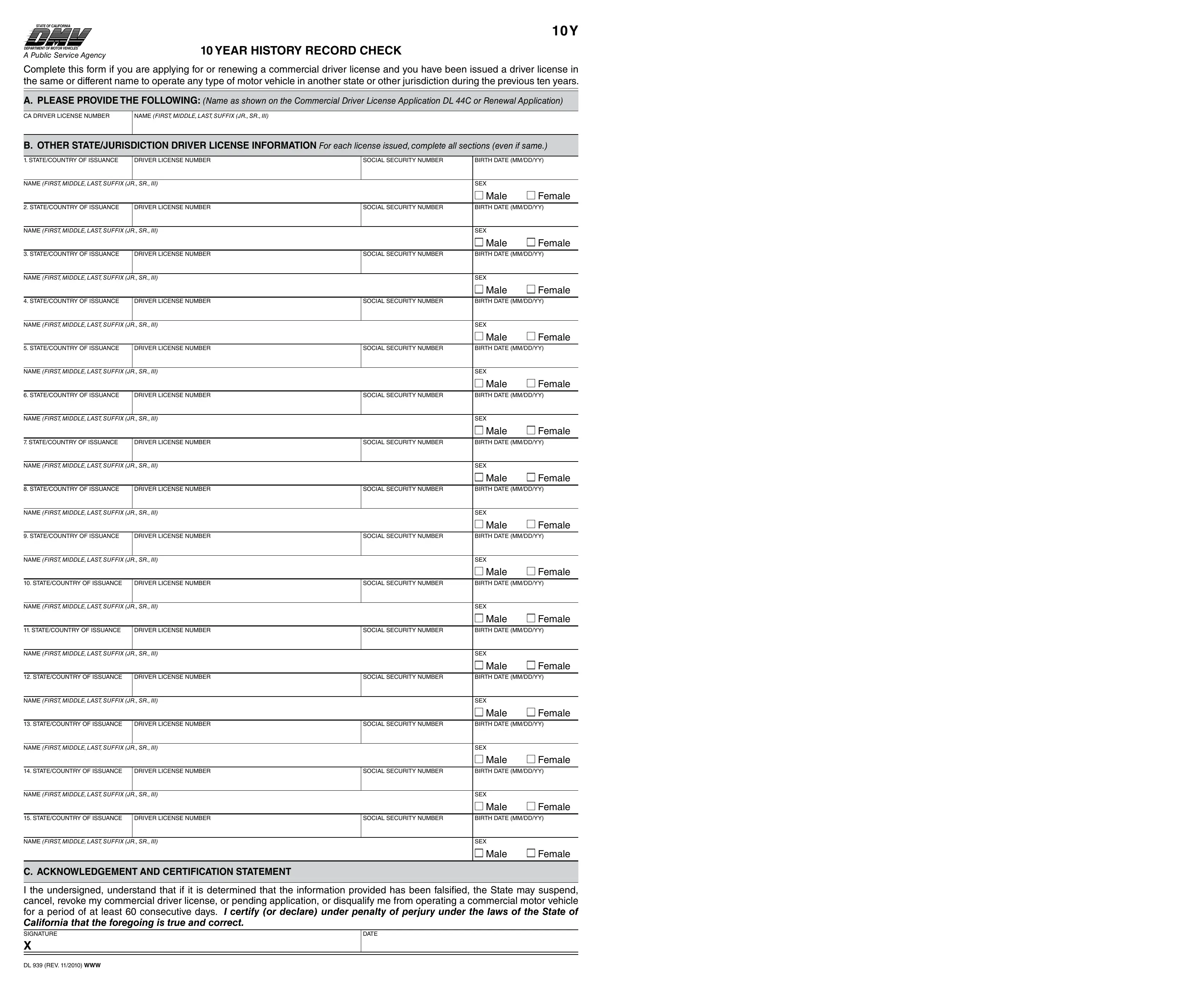 Ca Dmv 10 Year Driving Record PDF Form FormsPal