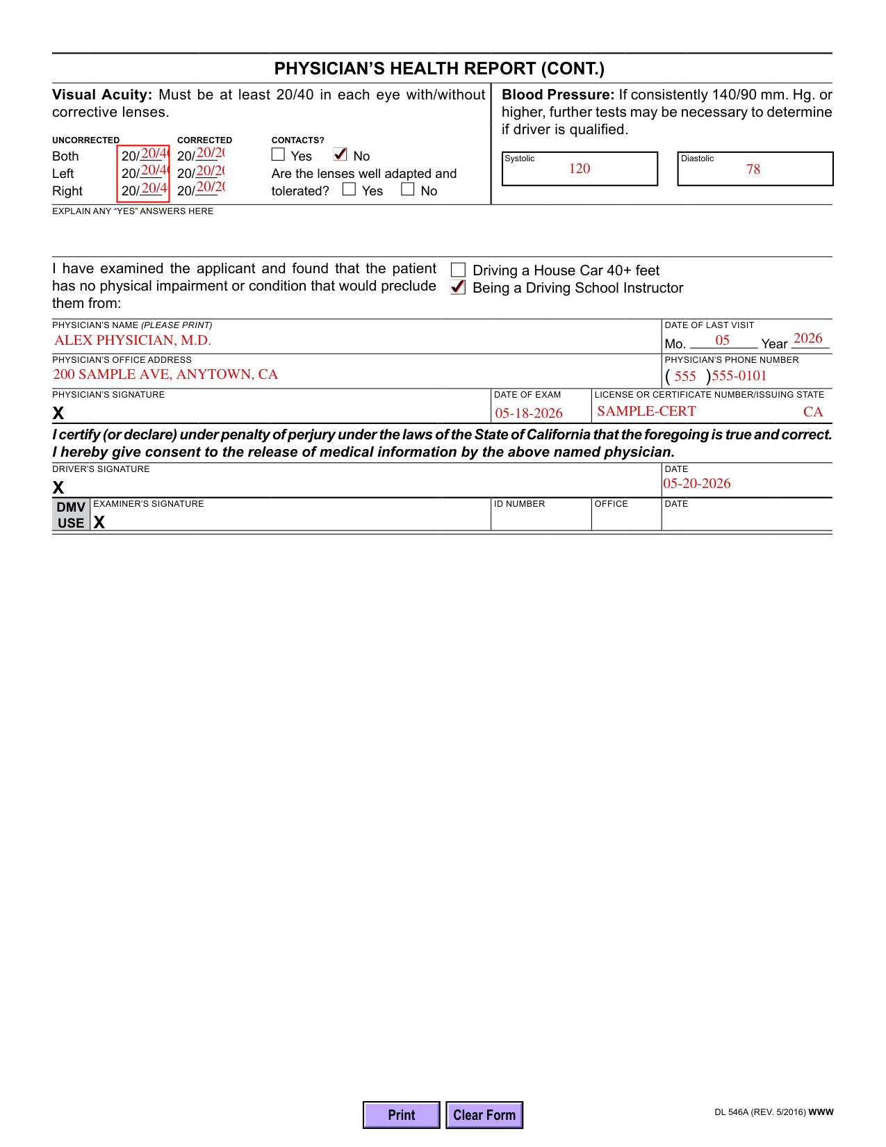 Form DL 546A example filled out, example: a driving school instructor's health report