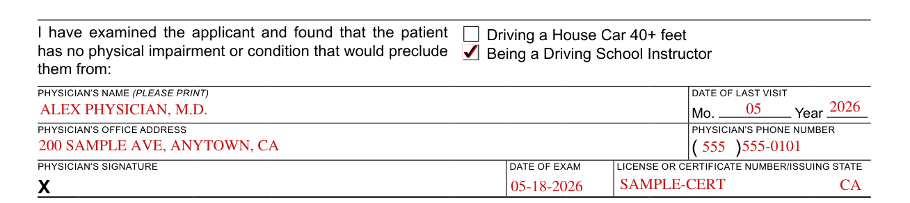 Form DL 546A example filled out, physician's signature