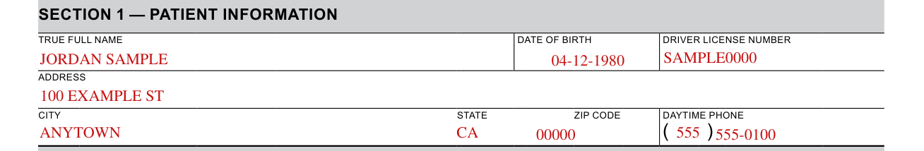 Form DL 546A example filled out, section 1 - Patient Information