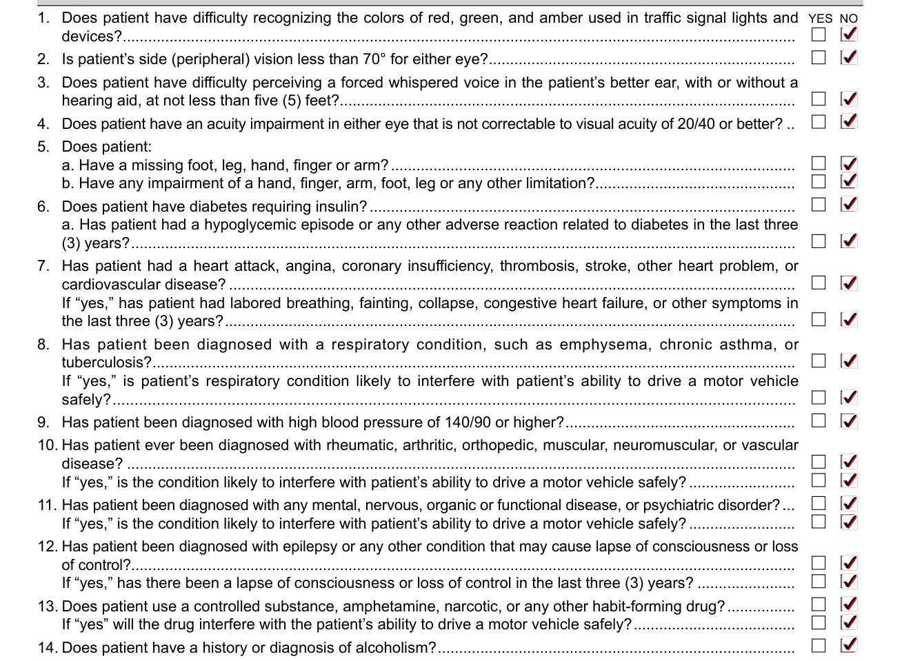 Form DL 546A example filled out, section 2 - Health Questions