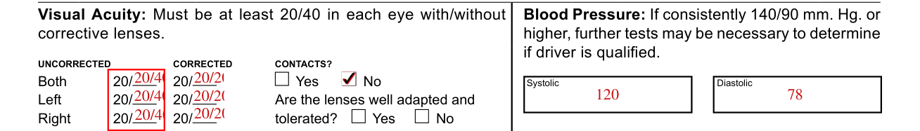 Form DL 546A example filled out, visual acuity and blood pressure
