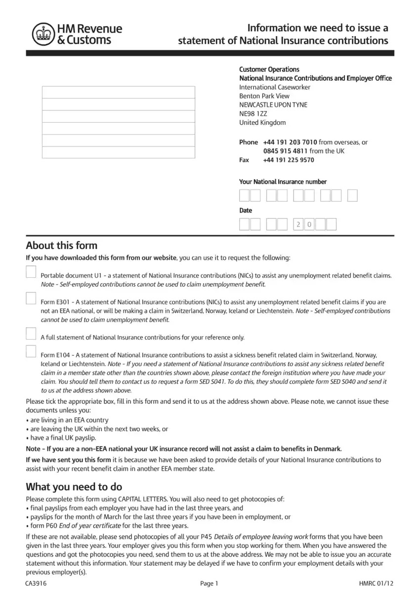 Ca3916 Form Uk first page preview