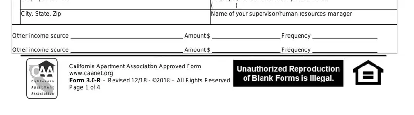 apartment association forms Employer address, City State Zip, Other income source, Other income source, EmployerHuman Resources phone, Amount, Amount, Frequency, Frequency, and California Apartment Association fields to fill out