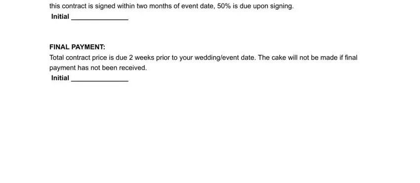 this contract is signed within two, Initial, FINAL PAYMENT, Total contract price is due  weeks, payment has not been received, and Initial in bakery contract template