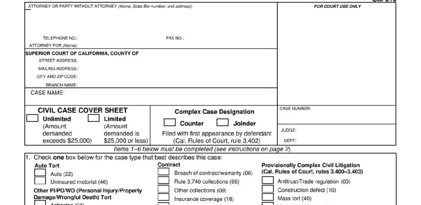 civil case sheet spaces to complete