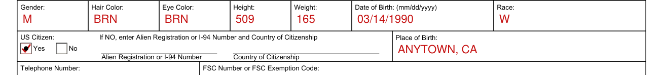BOF 929 Dealer's Record of Sale (DROS) Worksheet example filled out, gender, Hair Color, Eye Color, Height, Weight, Date of Birth and Race