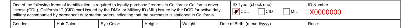 BOF 929 Dealer's Record of Sale (DROS) Worksheet example filled out, iD Type and ID Number