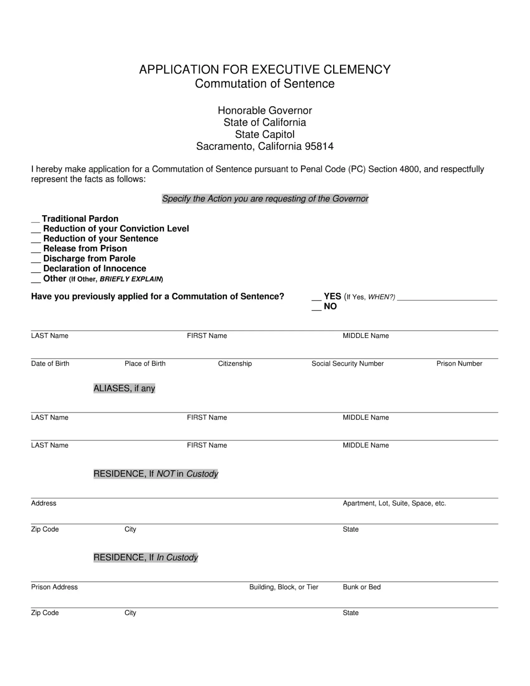 California Executive Clemency Form Preview