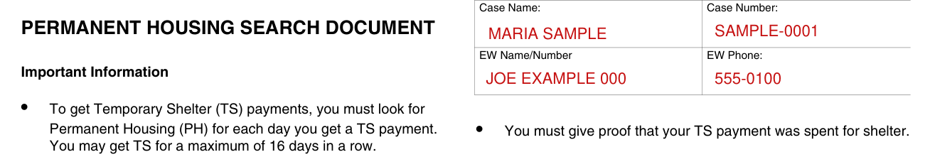 Form CW 74 example filled out, case Name, Case Number, EW Name/Number and EW Phone