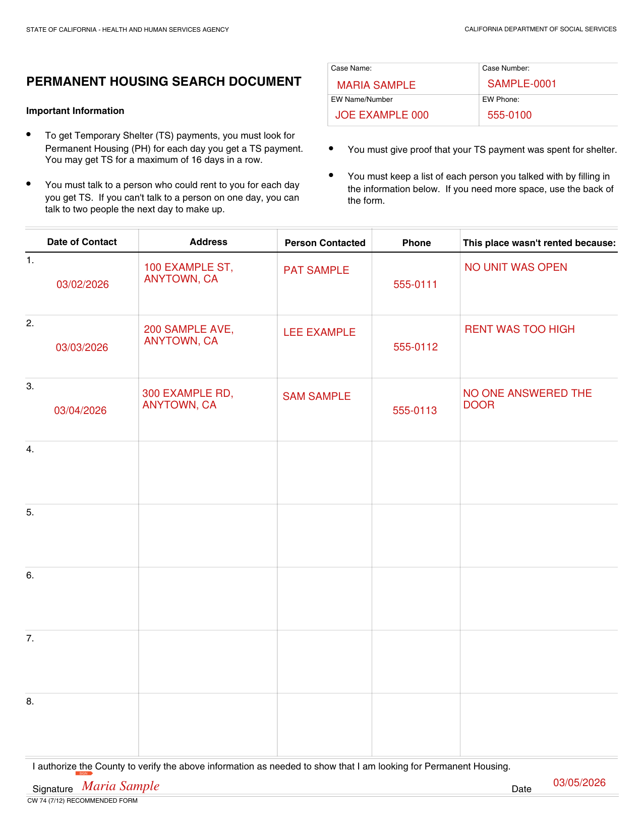 Form CW 74 example filled out, example: a filer lists three housing contacts