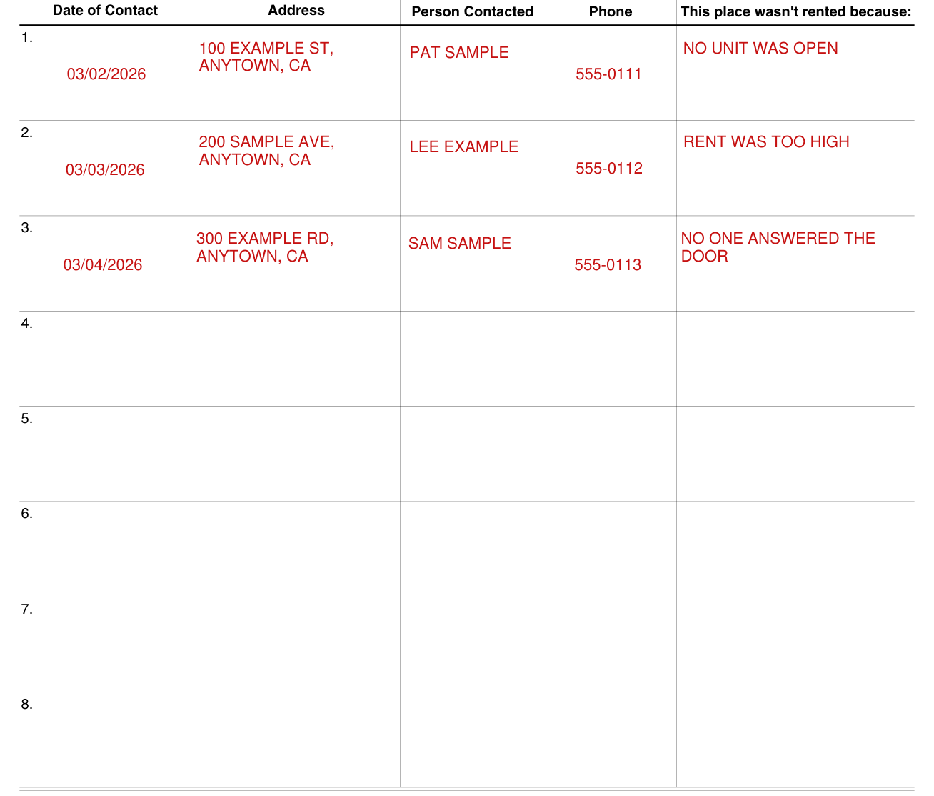 Form CW 74 example filled out, the list of people you talked with