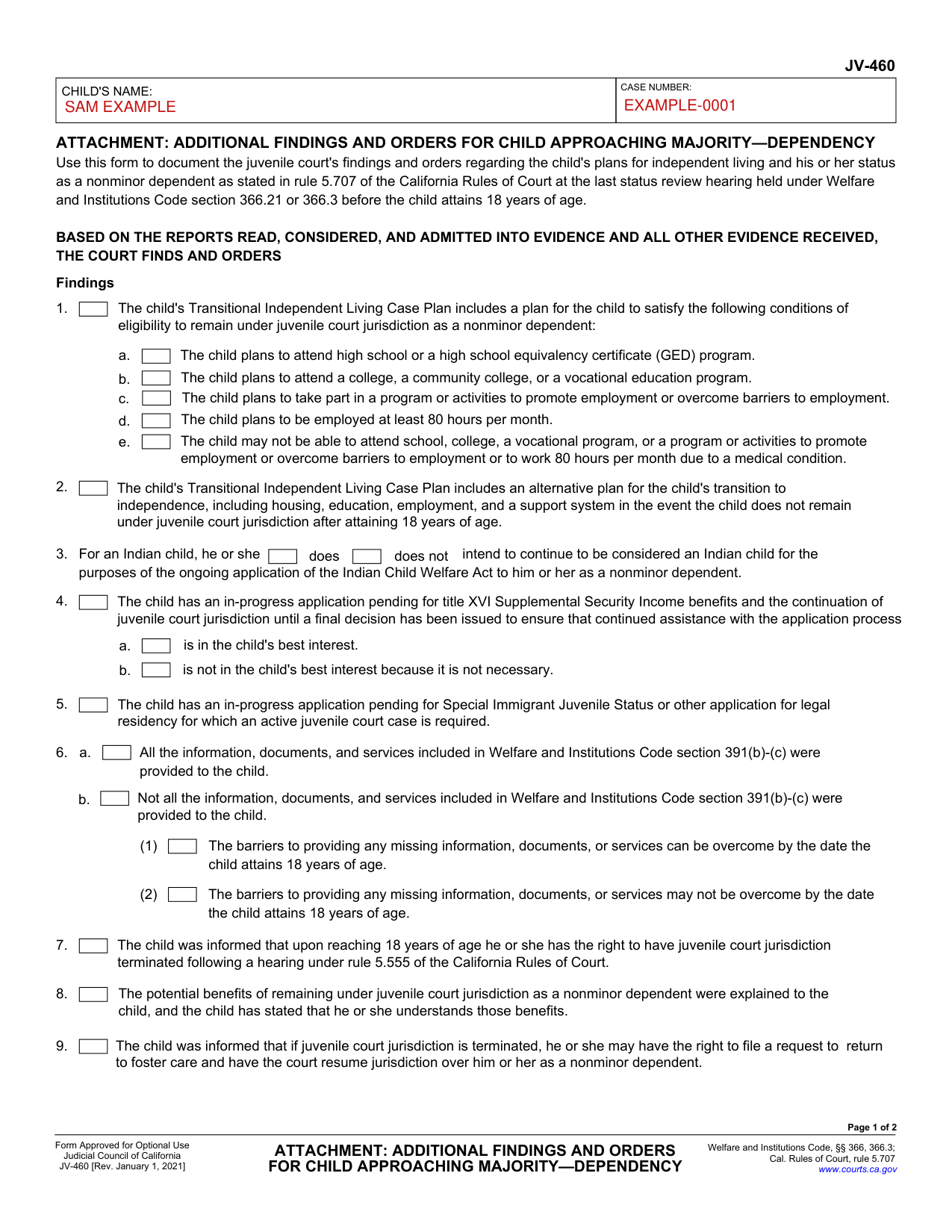 Form JV-460 example filled out, example: a court records a 17-year-old's findings