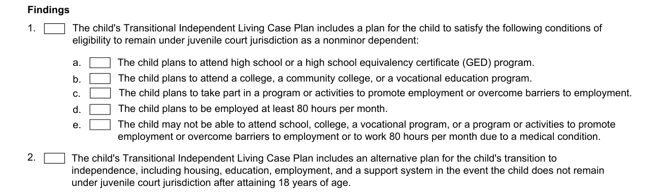 Form JV-460 example filled out, the child's Transitional Independent Living Case Plan