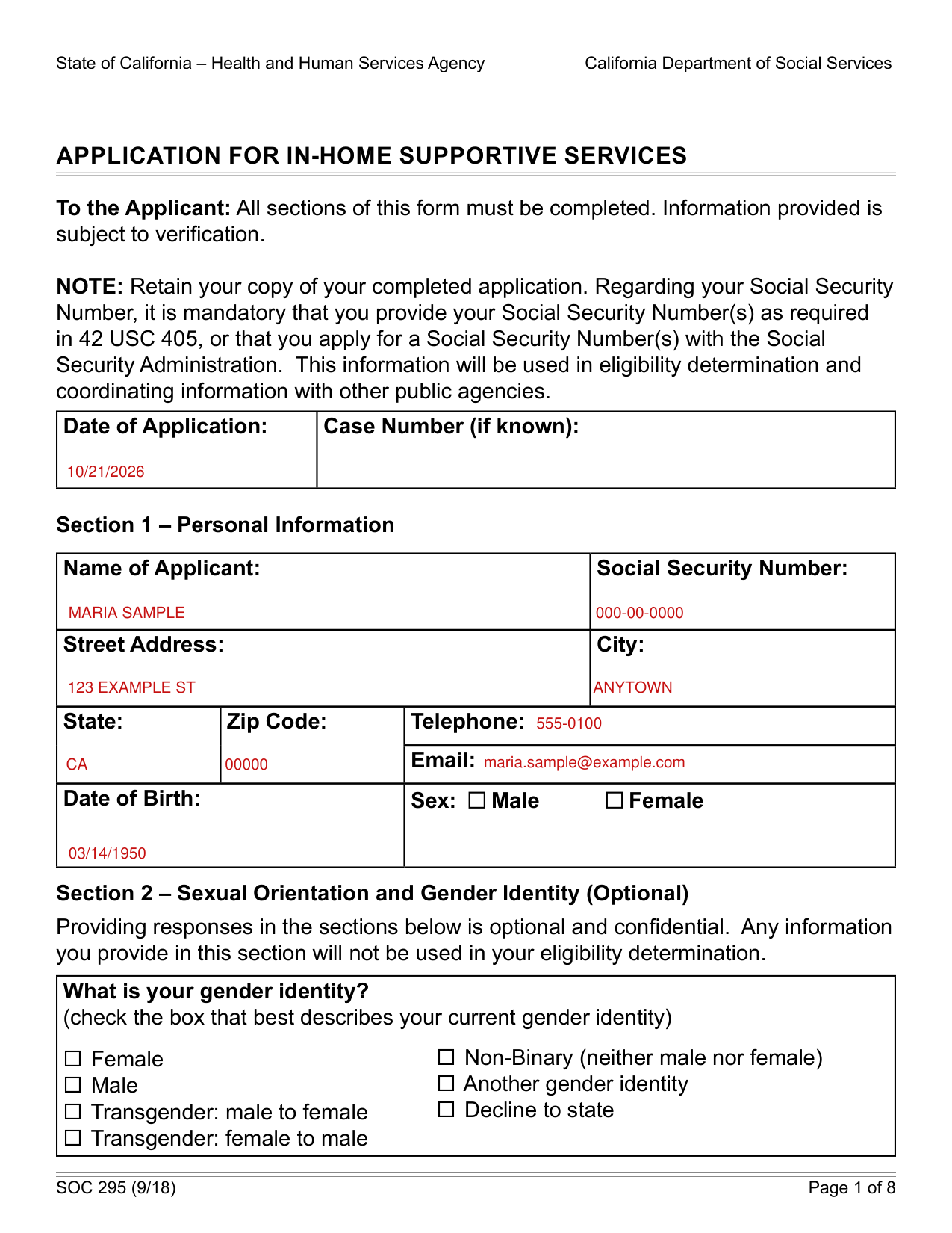 Form SOC 295 example filled out, example: an applicant fills in Section 1 and signs