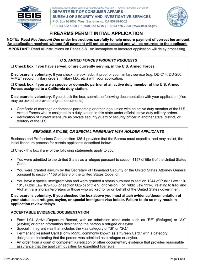 California Gun Permit Application first page preview