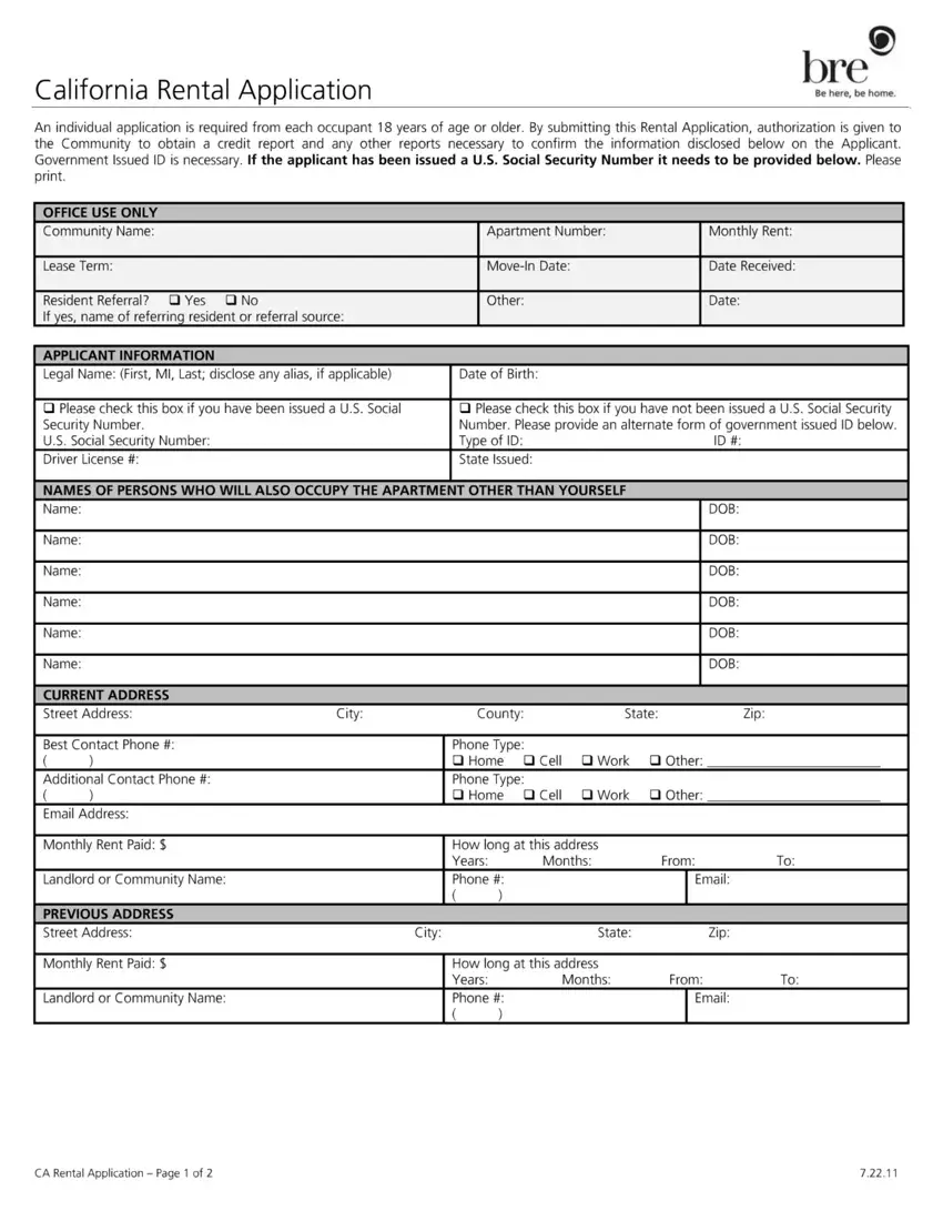 California Rental Application first page preview