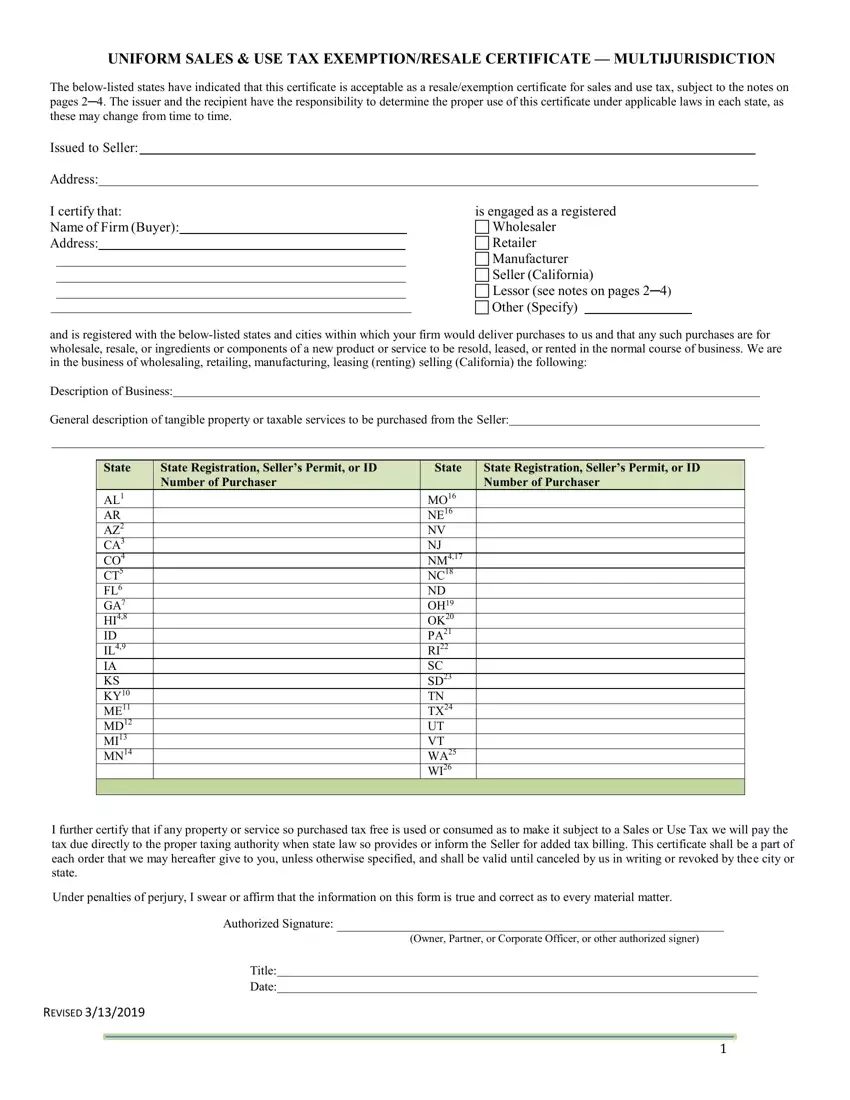 California Sales Tax Certificate first page preview