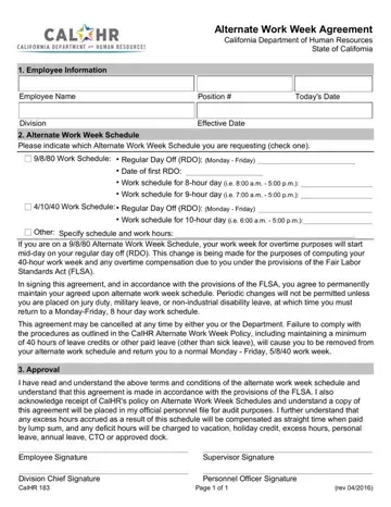 California Work Week Agreement Form Preview