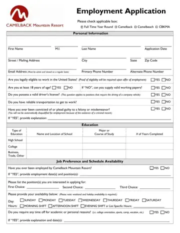 Camelback Employment Application Form Preview