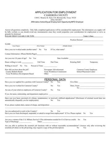 Cameron County Job Application Form Preview