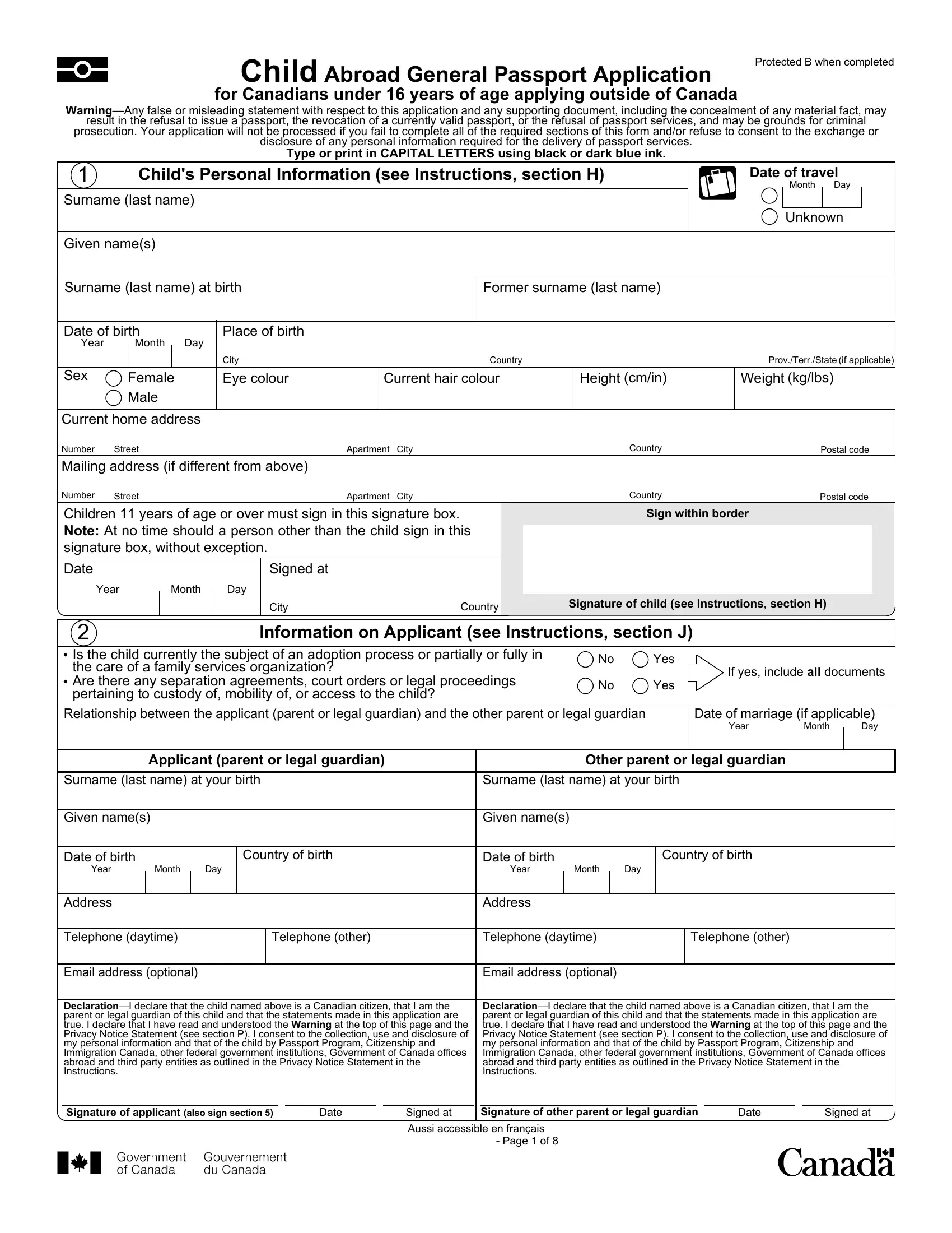 Canada Child Passport Form Fill Out Printable PDF Forms Online
