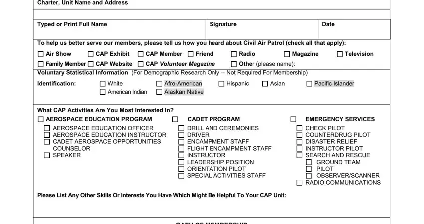 capf 12 To be completed by commander or, Typed or Print Full Name, Signature, Date, To help us better serve our, Air Show, CAP Exhibit, CAP Member, Friend, Radio, Magazine, Television, Family Member, CAP Website, and CAP Volunteer Magazine fields to fill