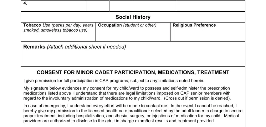 capf 160 Tobacco Use packs per day years, Occupation student or other, Religious Preference, Social History, Remarks Attach additional sheet if, CONSENT FOR MINOR CADET, I give permission for full, My signature below evidences my, and In case of emergency I understand fields to insert