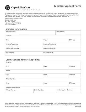 Capital Blue Cross Provider Appeal Form Preview