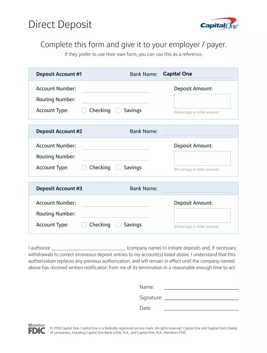 Capital One Direct Deposit Form first page preview