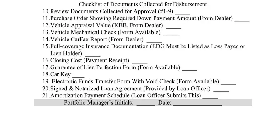 car loan form Checklist of Documents Collected, Review Documents Collected for, Lien Holder, Closing Cost Payment Receipt, and Portfolio Managers Initials  Date blanks to fill out