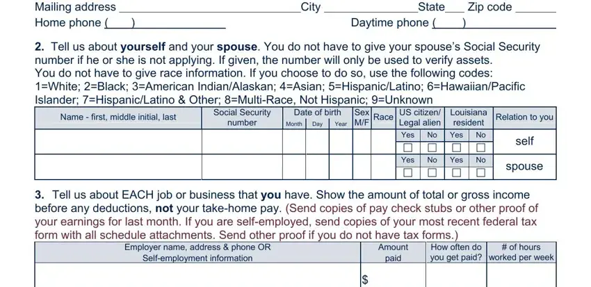 1st authorization form Tell us who YOU are where YOU, Daytime phone, Tell us about yourself and your, Name  first middle initial last, Social Security number, Date of birth Day, Year, Month, Sex MF, Race, US citizen Legal alien, Louisiana resident, Relation to you, Yes No Yes No cid cid cid cid Yes, and self fields to fill