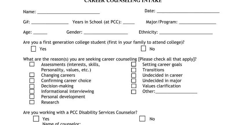 career counseling intake empty fields to complete