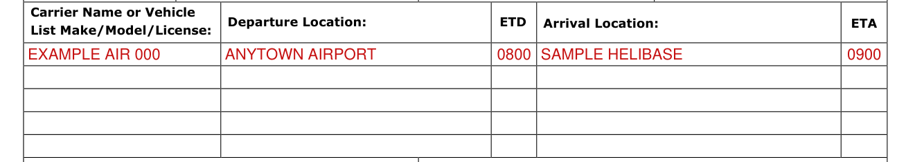 Form PMS 245 example filled out, carrier, departure and arrival