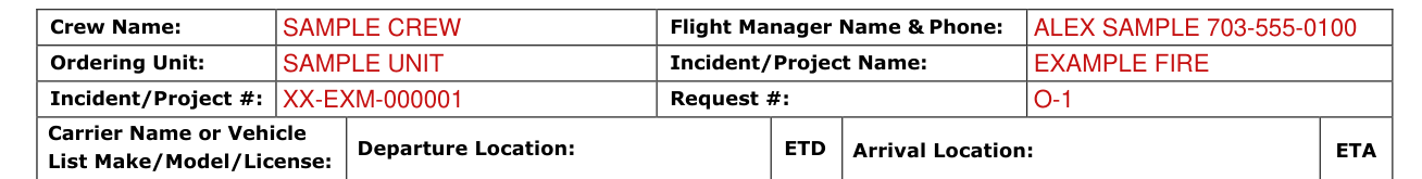 Form PMS 245 example filled out, crew Name, Ordering Unit and Incident/Project