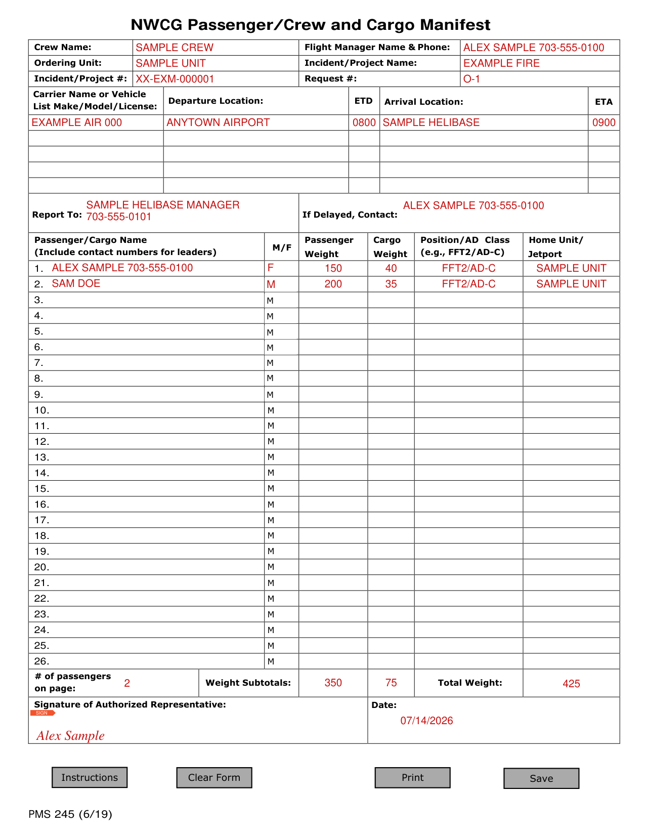 Form PMS 245 example filled out, example: a flight manager lists two people on one flight