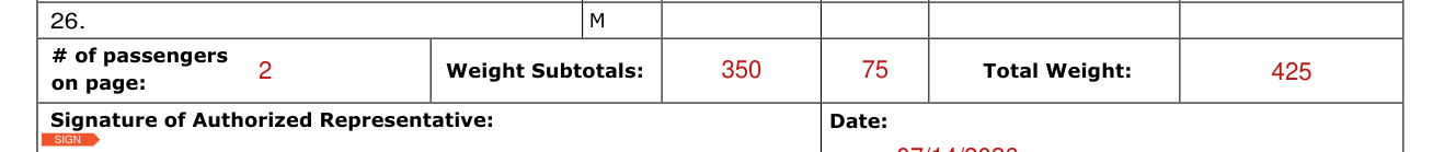 Form PMS 245 example filled out, # of passengers on page and Total Weight