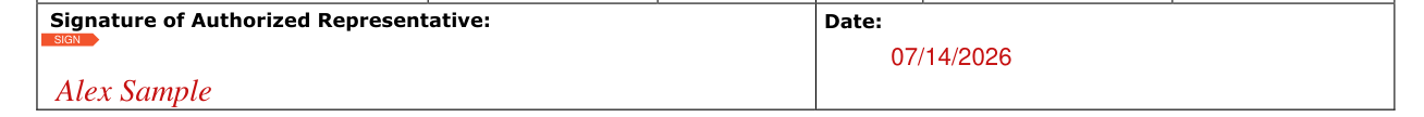 Form PMS 245 example filled out, signature of Authorized Representative